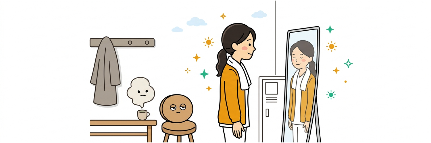勤務終わり、鏡の前で肩が下りている場面