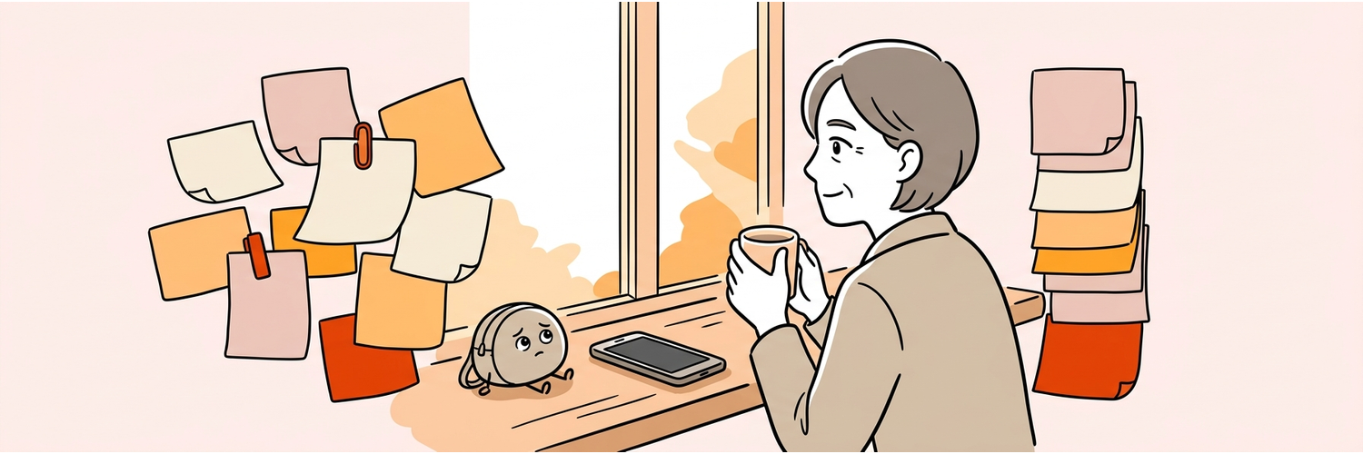 平日の昼、15 分だけ介護の連絡をしない時間を過ごす場面
