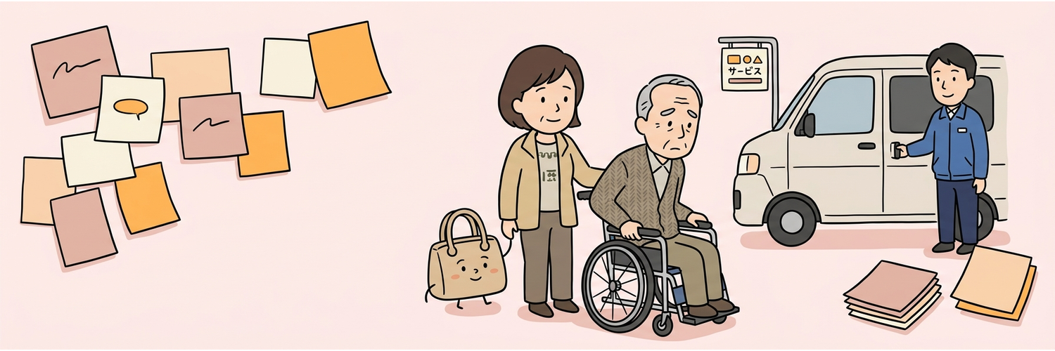 デイサービスの送迎車の前で行き渋る父と、それを見送る家族