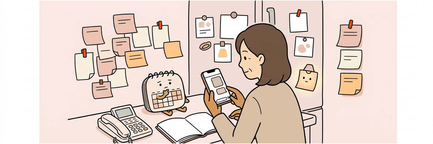 スマホのLINE画面と冷蔵庫のメモを見比べる手元