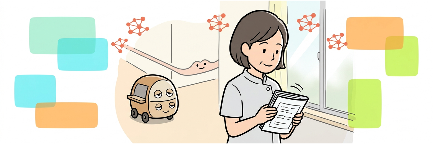 夜勤明けの窓辺で、巡視表を静かに閉じる理学療法士