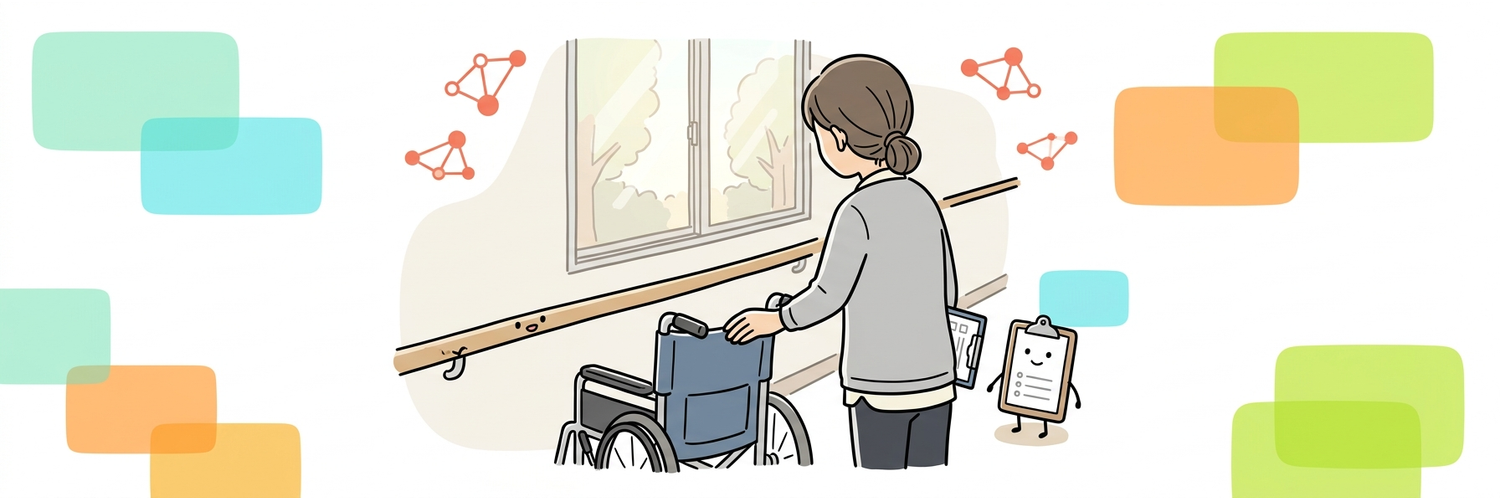 廊下で車椅子を見守る理学療法士の後ろ姿